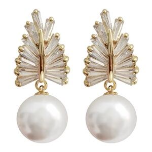💎New Gold plated Pearl & CZ Crystal Dangle Earring